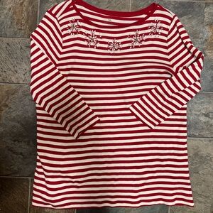Talbots Striped 3/4 Sleeve Sweater Snowflakes Beaded Red & White